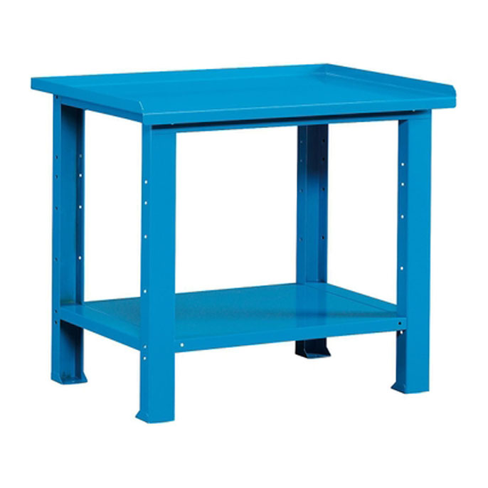Banchetto da lavoro in acciaio blu con piano bordato e ripiano