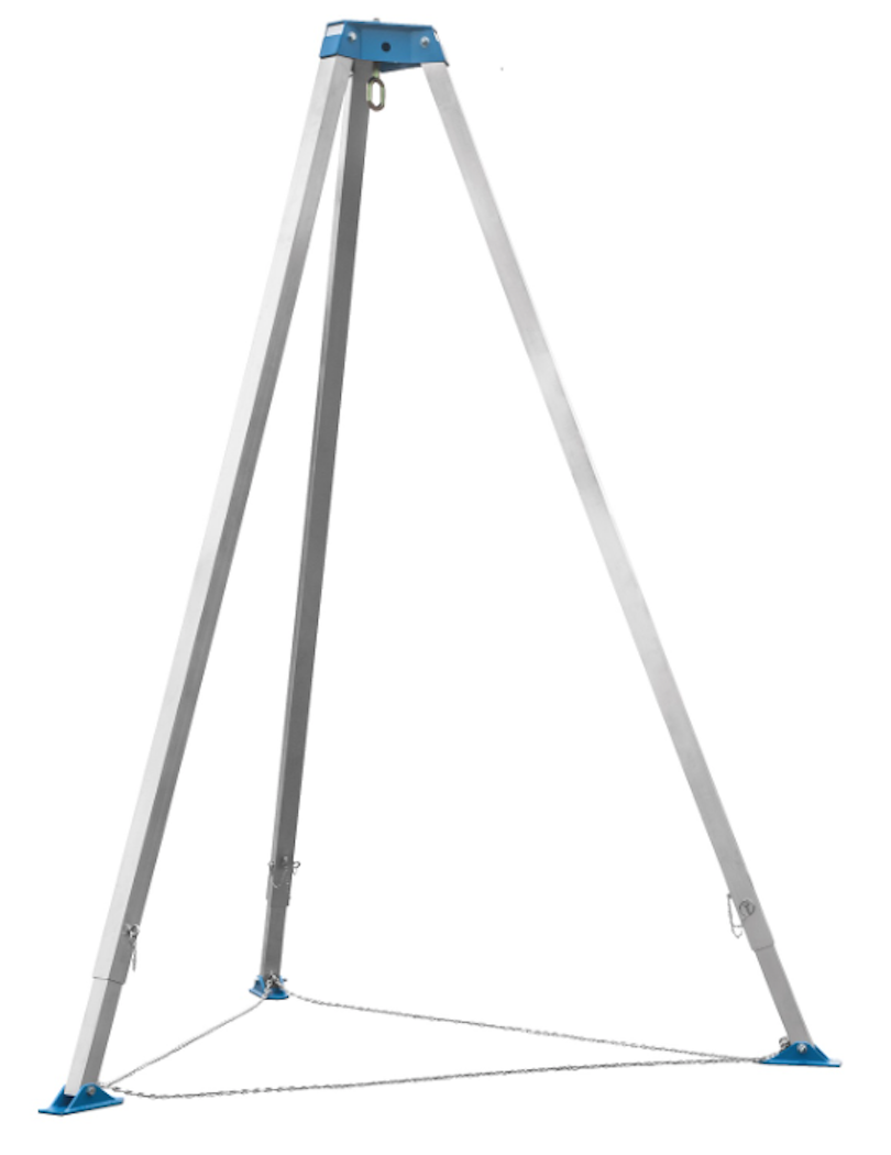 Tripiede in alluminio con testa e piedini in acciaio blu, gambe regolabili e catena di sicurezza