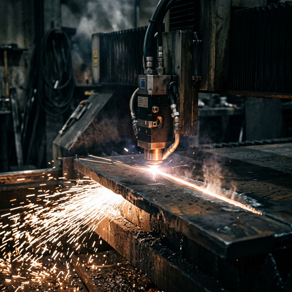 Taglio laser su lamiera d'acciaio con scintille in officina